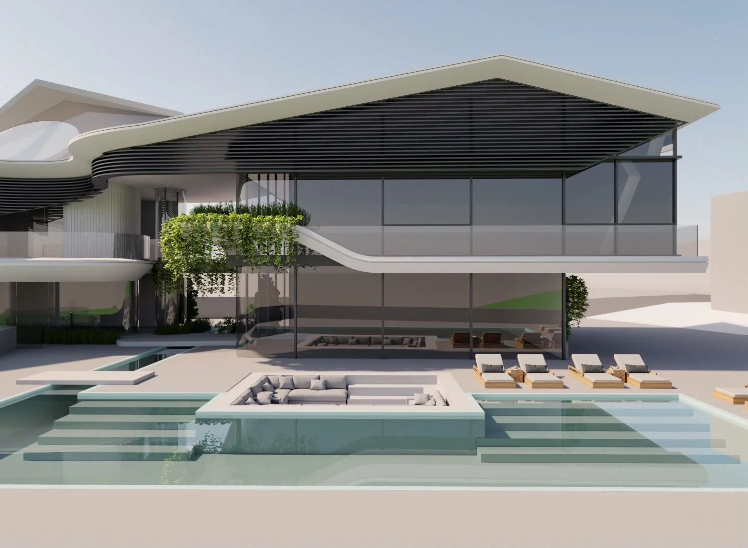 Exterior type: detached bungalow; features: glass curtain wall, flat roof, infinity pool, pool deck with loungers, recessed balconies, landscaped garden with greenery, outdoor seating area, modern architectural design; style: modern.